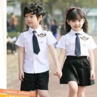 儿童空姐空少服装女童飞行员空军制服男童少儿机长时装表演演出服 短袖+裙子 100