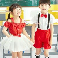 六一儿童节背带裤表演服幼儿园大合唱服男女童舞蹈演出服装小学 红色女款 100