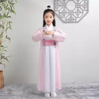 新款儿童汉服表演书童国学服男童古装套装学生朗诵服写真表演服 粉红色 90