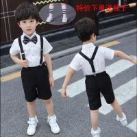 男童西装套装童装西服儿童花童礼服中大童小男孩钢琴演出服春秋韩 短袖短裤黑领结+背带 100