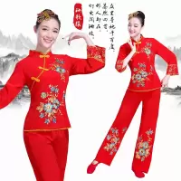 民族舞蹈服装女中老年扇子舞演出服2021新款秧歌服腰鼓广场舞套装 S