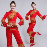 秧歌服成人演出服2021新款女中老年古典扇子腰鼓舞蹈服服装广场舞 亮片红色 S