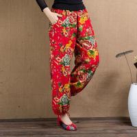 天天特价中式老北京唐装女裤改良亚麻大花布长裤子麻灯笼裤民族风 红被面 大码XXL 145-185