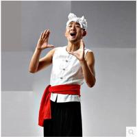 阿宝演出服陕北汉子民俗服装农民腰鼓表演服成人儿童农民演出服饰 白色布马甲 黑色裤子 腰带 头巾 150 身高