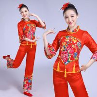 大码秧歌服扇子舞民族舞蹈演出服腰鼓舞服装成人喜庆民族舞秧歌服 红色 S