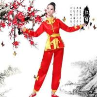 新款民族秧歌服男女款舞龙舞狮队打鼓服舞蹈服中国风腰鼓演出服装 红色 身高110(体重36-46斤)