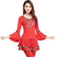 杨丽萍广场舞服装新款套装秋冬季中老年绣花上衣裙裤舞蹈演出服 大红喇叭袖长裤 M