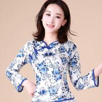 长袖青花瓷舞蹈服民族风广场舞服装立领跳舞表演练功衣服春夏新款 蓝色[长袖]单件上衣 M