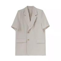 短袖西装女套装宽松韩版中长款西服外套夏季西装短裤时尚两件套潮 米白色[西装] S