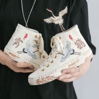 国风云鹤九霄帆布鞋男女百搭经典款夏季新款舒适学生国潮仙鹤鞋子 米色云鹤高帮 35(女款)送船袜