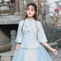 2020夏改良旗袍大码民族风女上衣棉麻唐装民国古风套装汉服连衣裙 淡雅蓝色[上衣] M