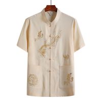 朗猎新款中国风唐装中老年爸爸夏季休闲短袖爷爷装太极服长袖套装 大龙米色短袖[单件上衣] 39 /165[95-115斤]