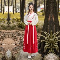 汉服古装襦裙日常学生交领复古中国风长裙刺绣超仙古风套装女 酒红色套装 (买一送五) S