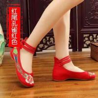 老北京布鞋女民族风绣花鞋广场舞汉服鞋子女单演出鞋内增高古风鞋 红尾孔雀红色 内增3cm 34