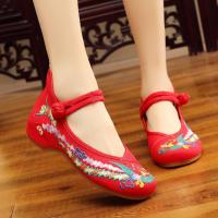 汉服鞋子复古风老北京绣花布鞋女内增高女坡跟古装鞋子女民族风鞋 [特惠款式]-低跟彩凤扣红 34