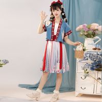 陌尘青衣萌猫原创汉服女唐制褙子吊带中国风齐腰汉元素百褶裙春夏 蓝色短款 S