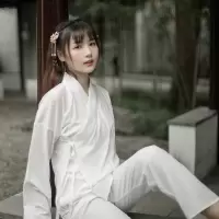 古装汉服内搭中衣中裤男女白色交领秋冬加绒保暖内衣古代睡衣寝服 春秋款 四面弹抗皱 中衣+中裤 全套 S