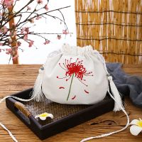 2020新款原创绣花古风包包女汉服帆布斜挎小包日常百搭仙女单肩包 重工刺绣彼岸花大荷包