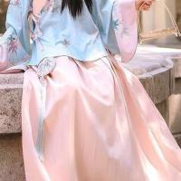 枫灵正版改良交领汉服女学生套装明制袄裙枫叶印花褶裙春夏装俩色 [枫灵粉色单个下裙] S 150—160体重85—100