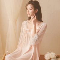 宫廷风汉服睡裙女春秋薄款长袖古风国风齐胸襦裙方领可爱仙女睡衣 浅粉色 S