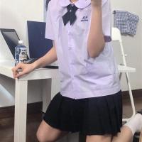 学院风两件套泰国校服淡紫色JK制服宽松绣花衬衣+时尚黑色百褶裙 淡紫色衬衣+黑色宽边蝴蝶结+百褶裙 S