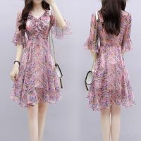 大码女2021夏新款韩版雪纺连衣裙微胖妹妹mm遮肉显瘦洋气碎花裙子 粉紫色（优质版） M85~99斤