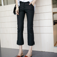 胖妹妹大码九分裤高腰开叉喇叭裤女 潮胖mm200斤直筒九分休闲裤子 黑色 L码