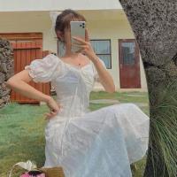 法式复古喇叭袖方领抽绳收腰显瘦长袖内搭连衣裙女春秋气质蕾丝裙 优雅白(短袖)尺码稍大 L(109-119)关注店铺优先发