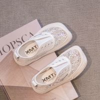 儿童帆布鞋2021新款夏季女童网鞋透气时尚休闲鞋小女孩洋气板鞋潮 米白色 [收藏优先发货] 按孩子脚长加0.5-1厘