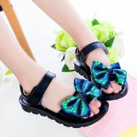 童新2021夏季新款凉鞋女童亮片蝴蝶结凉鞋平底公主鞋时尚沙滩鞋 黑色 内长16.5cm 27码