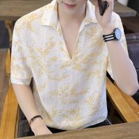 夏季V领短袖T恤男韩版宽松男士青年冰丝Polo衫半袖上衣潮牌休闲款 089黄色 M