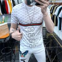 欧洲站夏季潮牌印花短袖t恤男士时尚修身弹力半袖小衫青年ins体恤 白色 M 90-110斤
