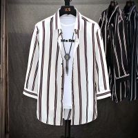 条纹衬衫男短袖夏季套装男装一套搭配痞帅气2021年新款七分袖衬衣 1561白红条[单件衬衫] 165/M 85-105斤