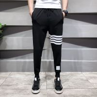 痞帅夏季裤子男2021新款工装裤男潮牌百搭束脚韩版潮流休闲裤薄款 四杠黑 夏款 S 适合80-95斤