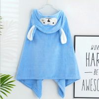 婴儿童浴巾斗篷带帽披风柔软吸水不掉毛男女宝宝可穿卡通浴巾浴袍 长耳朵70*140cm1件【蓝色】