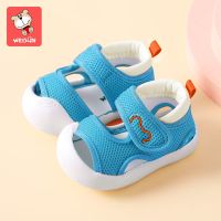 学步鞋夏男宝宝凉鞋防滑软底1-3岁2网面透气婴幼儿童鞋子女不掉鞋 湖蓝色[熊头-凉鞋] 14码-内长11.5适合脚长11