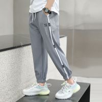 男童裤子夏季薄款2021新款儿童冰丝速干裤中大童夏款休闲裤12男孩 灰色 织带款夏季(品质保证) 120 建议身高1米1