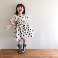 女童短袖波点连衣裙夏季新款2021韩版女孩可爱泡泡袖露背公主裙潮 米白色 波点连衣裙 80
