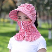 遮阳帽女夏季遮脸凉帽防紫外线洋气防晒帽面罩大沿镜片骑车太阳帽 格子款-大红 均码(收藏优先发货)