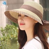 蝴蝶结草帽子女夏天大沿防晒帽遮阳帽沙滩太阳帽海边折叠出游韩版 卡其色 M[55-58cm可调节帽围]
