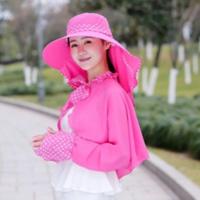 帽子女士夏天大帽檐防晒遮阳帽遮脸防紫外线采茶帽户外骑车太阳帽 点点玫红 帽子+口罩+披肩