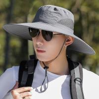 防晒帽男士夏季遮脸钓鱼帽遮阳帽子户外夏天防紫外线渔夫帽太阳帽 深灰色[轻盈透气款]12CM帽檐 (适合头围56-59cm