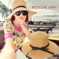 沙滩帽子女夏遮阳帽防晒大沿帽可折叠百搭草帽防紫外线海边太阳帽 黑织带款-浅咖 均码(55-60可调节)