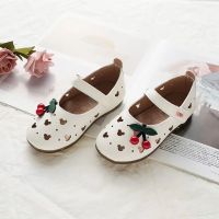 女童春秋皮鞋2021新款韩版软底公主豆豆鞋 樱桃-白色/镂空 21码/内长13cm