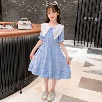 女童连衣裙夏装2021新款娃娃领连衣裙亲子装公主裙中长款裙中大童 湖蓝色 120 建议身高110-120左右