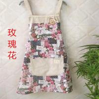围裙棉麻双层防水韩版背带时尚清新可爱小熊头蝴蝶结袖套厨房烘焙 玫瑰花双层