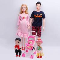 女孩儿童玩具益智玩具芭比娃娃家庭套装孕妇娃娃男芭比娃娃小孩子 孕粉+黑T格裤+两小孩+推车 一家五口套装