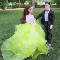 雅妮诗芭比娃娃新郎新娘婚纱大裙拖尾婚车公主王子男女朋友情侣 波利中裙黄+黑王子 12关节女娃+男娃简约包装