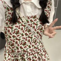 樱桃背带连衣裙女2021年夏季新款法式复古收腰气质A字裙长裙裙子 上衣 [收藏店铺优先发货] S [建议100斤内]
