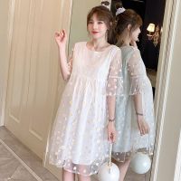 孕妇装夏装连衣裙中长款时尚新款小雏菊网纱雪纺仙女孕妇夏天裙子 白色裙子 M[90-115斤]
